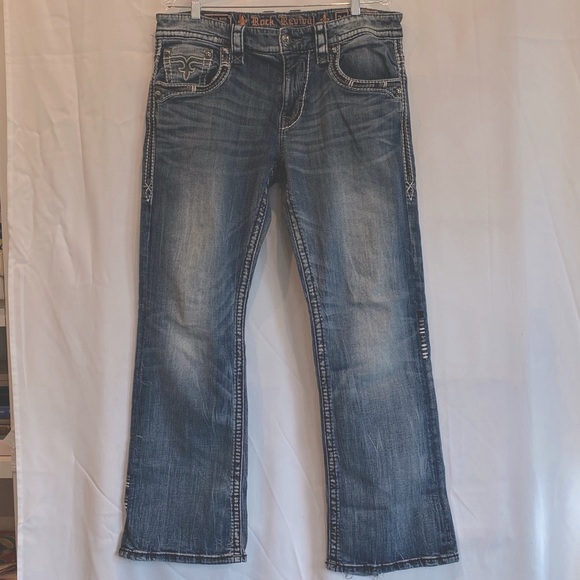Rock Revival Men’s Ewald Bootcut Jeans Waist 34 Blue with White Stitching - Picture 1 of 10
